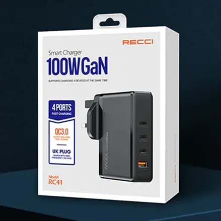 Recci 100W GaN 4 Ports Smart Charger (UK Plug)